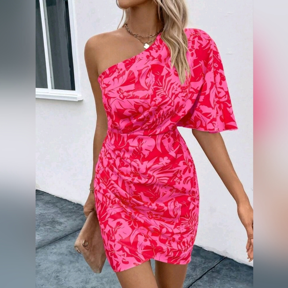 New Tropical Floral One Shoulder Draped Short Dress Hot Pink Red - Picture 1 of 8